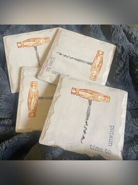 French Graffiti Coasters Time To Unwind Set of 4 ceramic Cork Wine Patio Deck